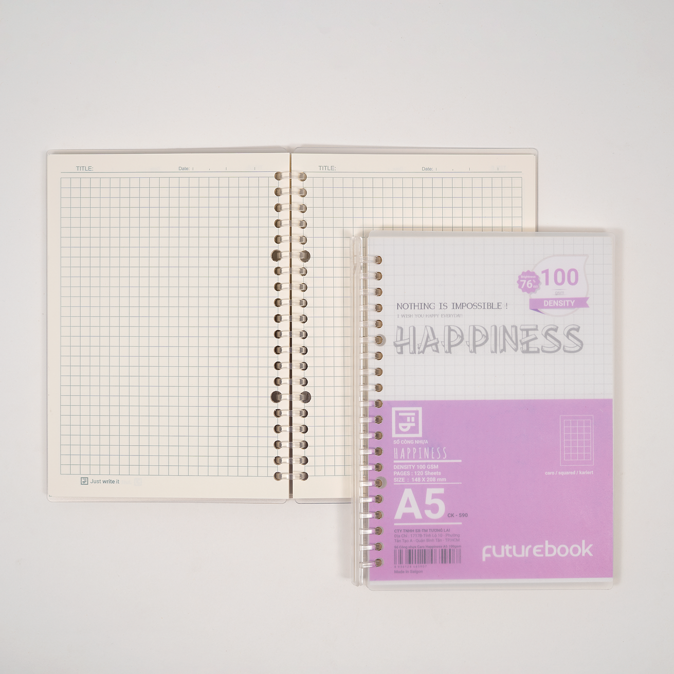 Sổ còng nhựa Happiness A5 20 chấu kèm ruột giấy refill  làm sổ tay planner phong cách hàn quốc FUTUREBOOK 590/592/591