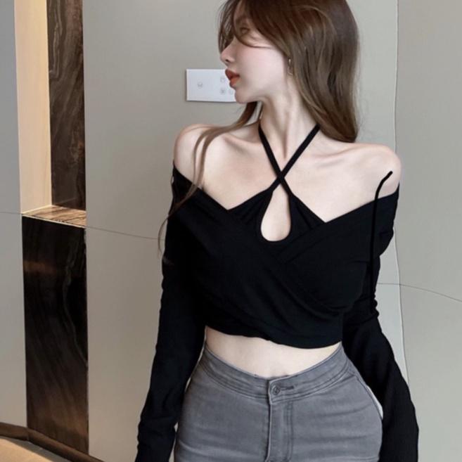 Áo croptop dài tay cổ yếm HAGA áo đan thân cổ yếm ADTCY65