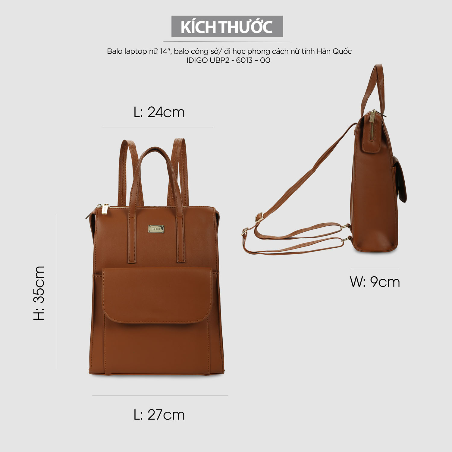 Balo laptop nữ 14", ba lô công sở/ đi học phong cách nữ tính Hàn Quốc, đựng máy tính 14inch IDIGO UBP2-6013