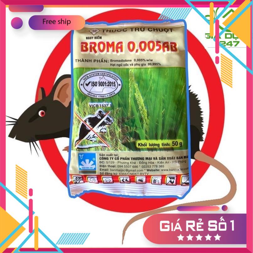 Thuốc diệt chuột Broma 0,005 AB, thuốc trừ chuột trộn sẵn thế hệ mới, hiệu quả cao, diệt sạch (gói 50g)