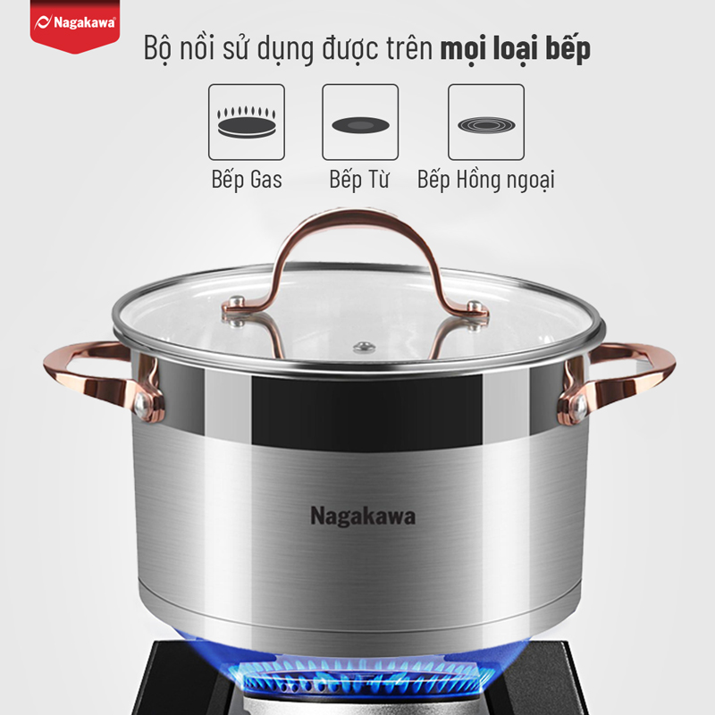 Bộ 3 Nồi Inox 304 Đáy Từ 5 Đáy Nagakawa NAG1352 - Hàng Chính Hãng