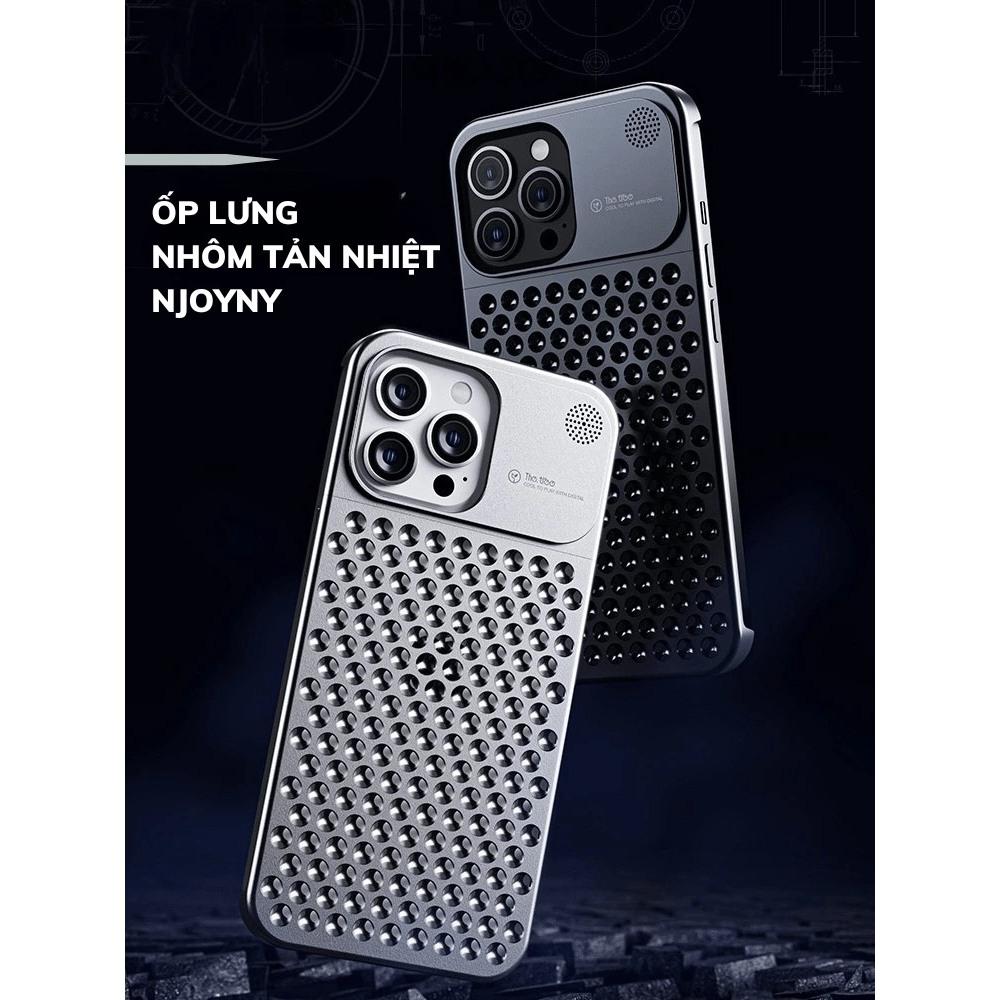 Ốp lưng hợp kim nhôm dành cho IPhone 15 Pro Max , iPhone 15 Pro, iPhone 14 Pro Max, iPhone 13 Pro Max hiệu NJOYNY Case , Lưới tản nhiệt ngăn đựng nước hoa - Hàng chính hãng