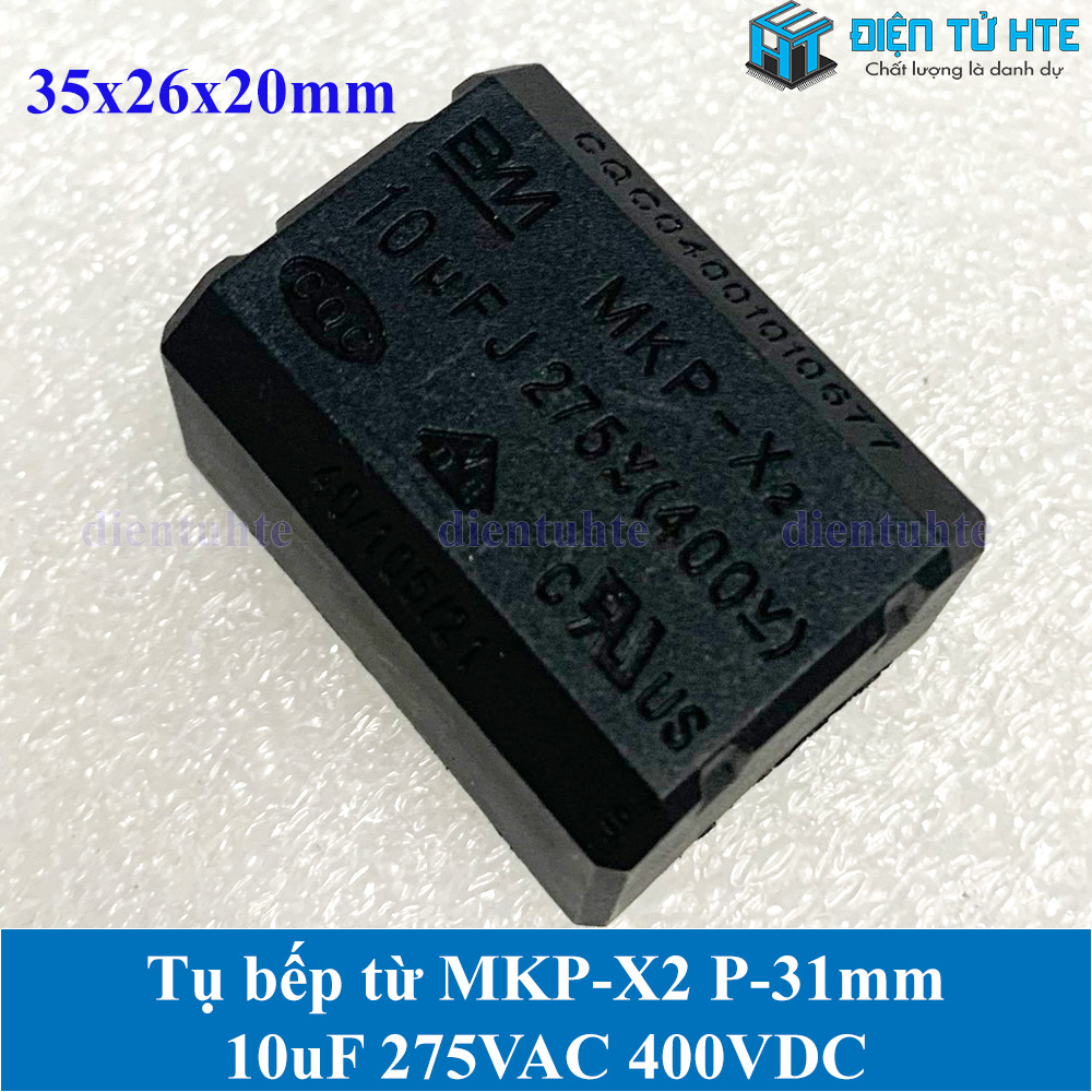 Tụ bếp từ MKP-X2 10uF 275VAC 400VDC pitch 31mm Đen size 35x26x20mm