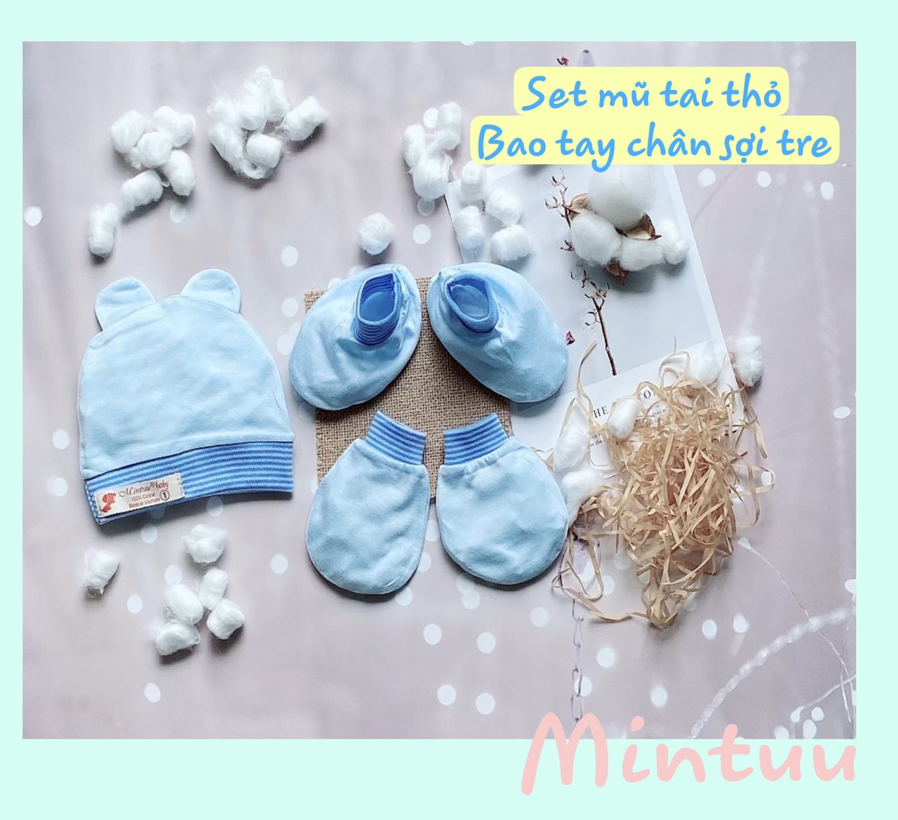 Set mũ, bao tay chân bo sợi tre cao cấp Mintuu