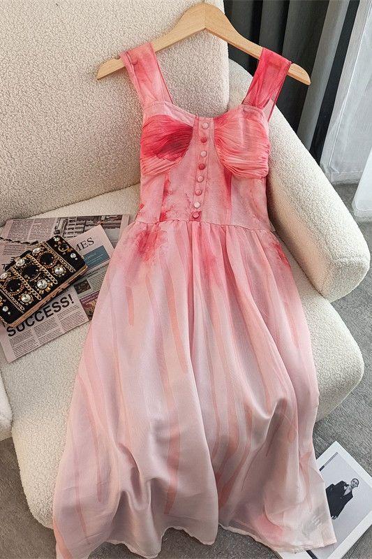 SHUANGYAN Dì hươu Chú Zhuo Bột Halo nhuộm Pháp Vintage xa xỉ Sense Dress Fairy 2023 Mùa xuân và mùa hè