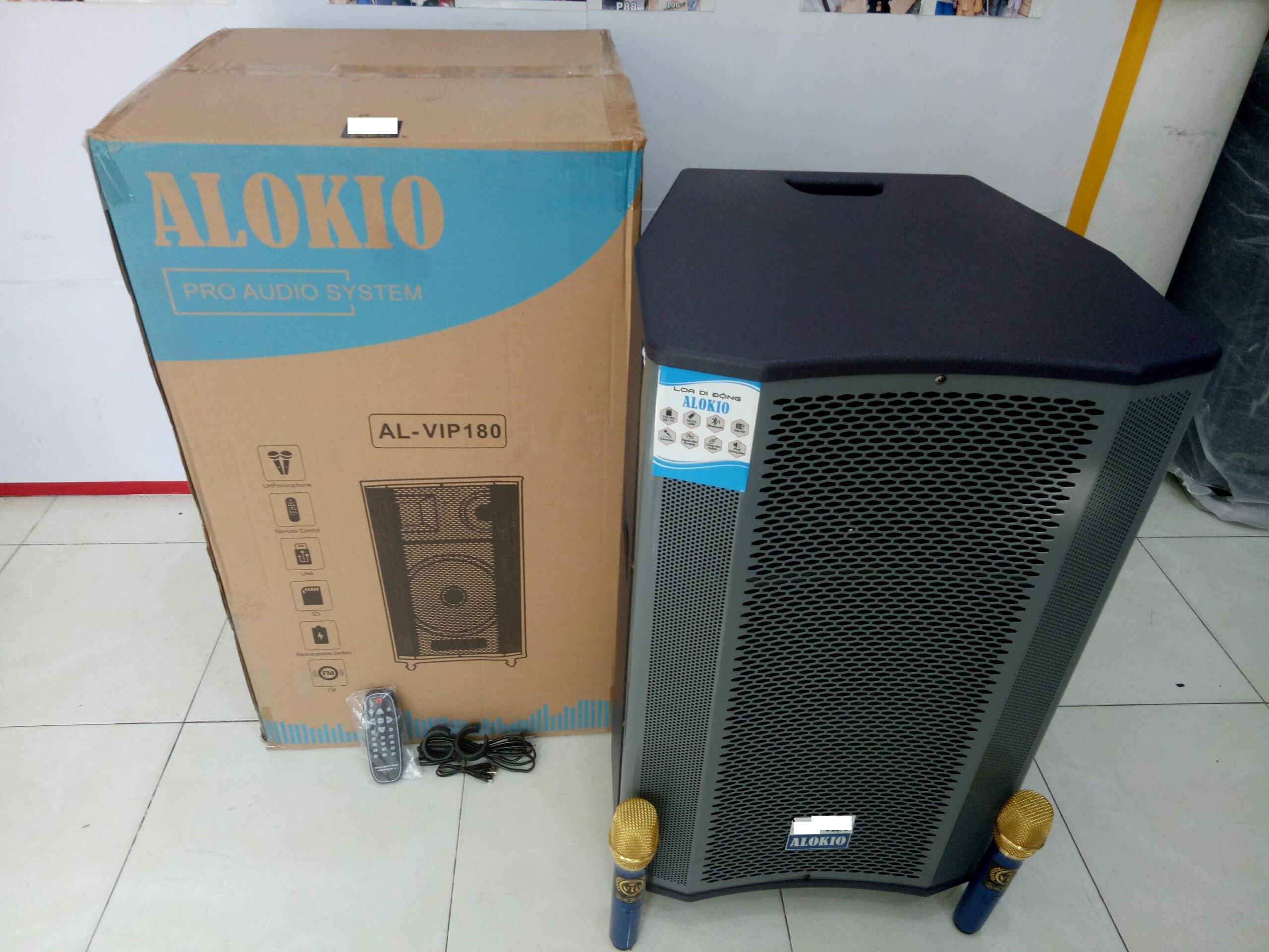 Loa kéo &quot;ALOKIO VIP180&quot; karaoke di động bass 4 tấc - Thùng gỗ - Công suất lớn - Kèm 2 micro UHF chỉnh được tần số - Ngoại hình sang trọng - Sản phẩm chính hãng