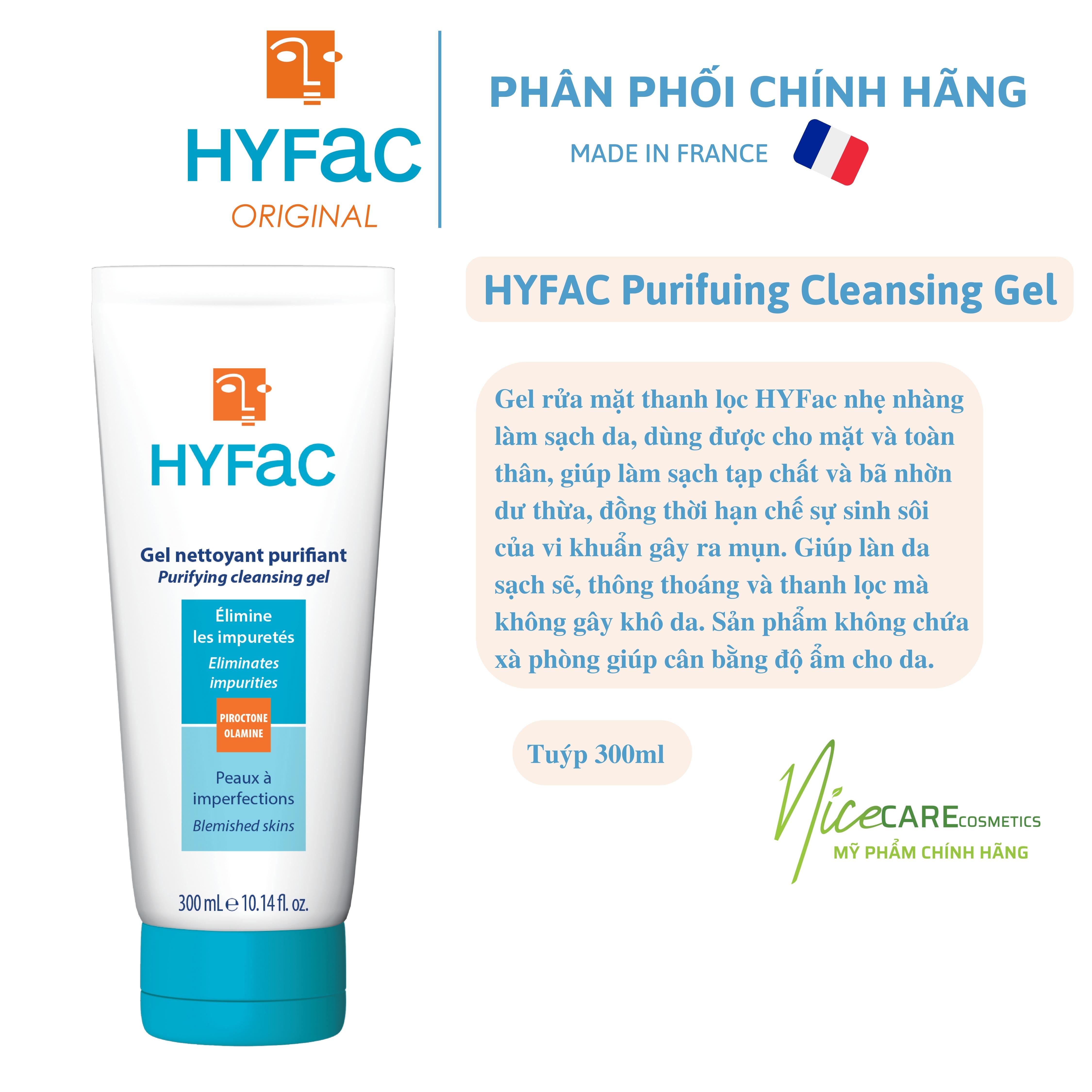 Sữa Rửa Mặt Dưỡng Da, Ngừa Mụn Hyfac Purifying Cleansing Gel 300ml - Sản Xuất Tại Pháp