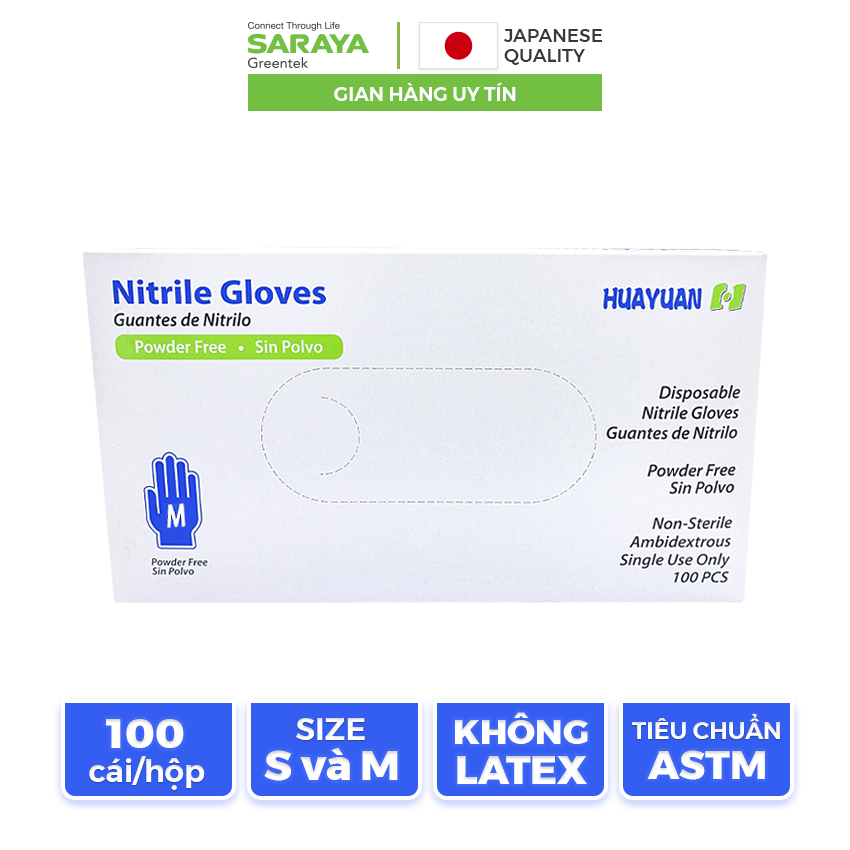 Găng Tay Cao Su Nitrile Huayan Không Bột Dùng Trong Thực Phẩm, Vệ Sinh - 100 Chiếc/Hộp