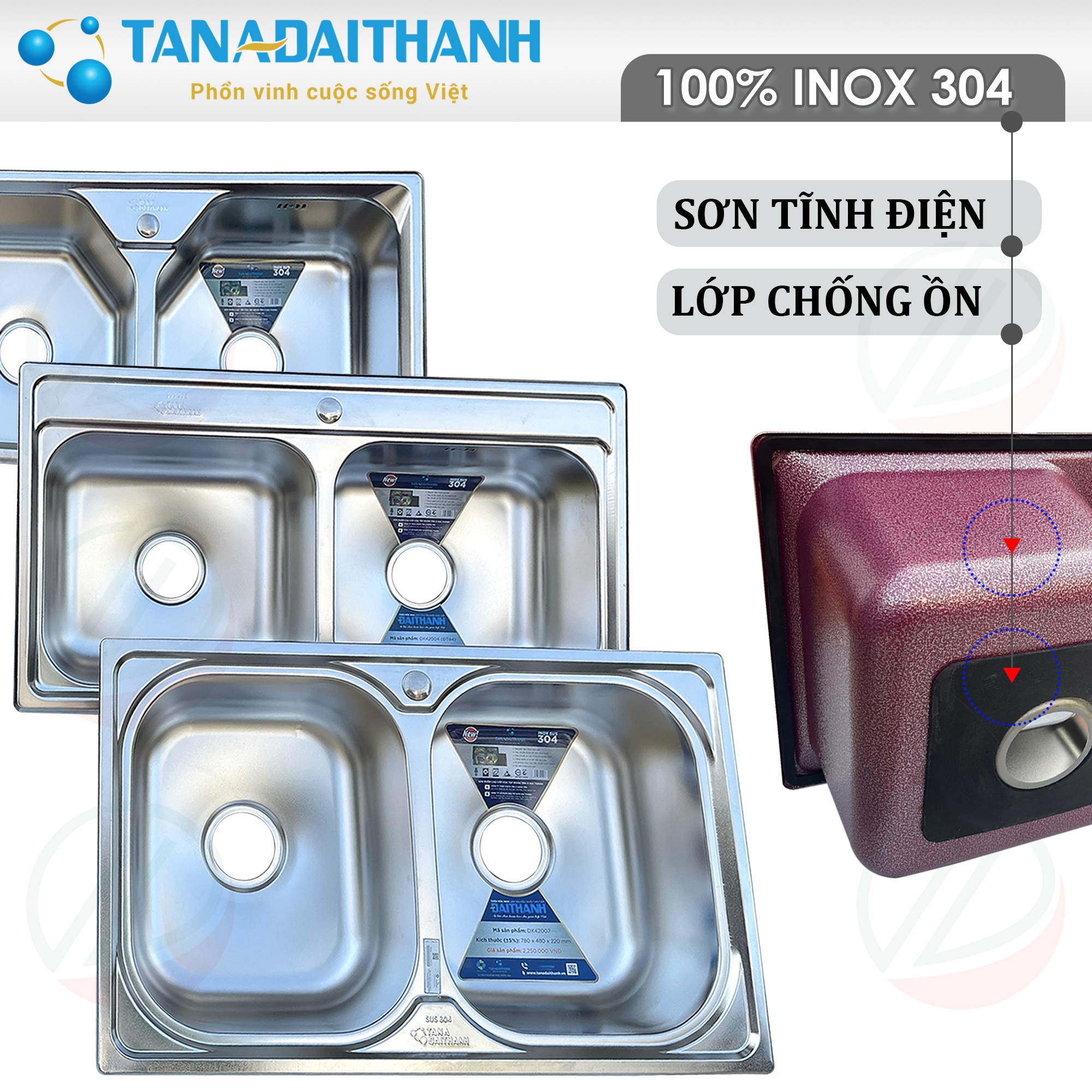 Chậu Rửa Chén Bát Tân Á Đại Thành Inox SUS304 Loại 2 Hộc Nhiều Kích Thước - Đáy chậu sơn tĩnh điện, cao su chống ồn cao cấp