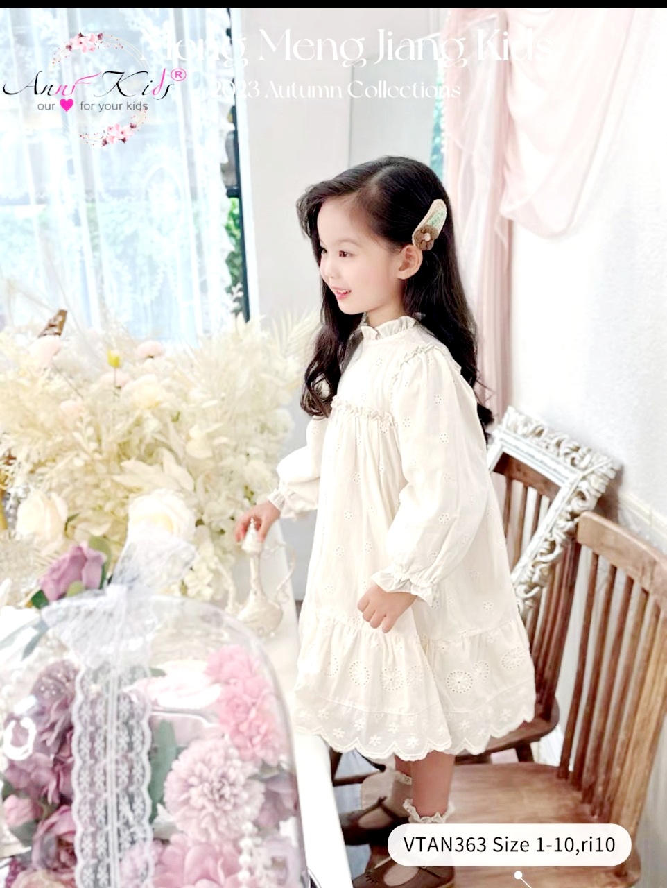 Váy bé gái dài tay, Đầm trắng cho bé 1-10 tuổi thêu hoa cổ viền vuông vải thô boil mềm mại kiểu dáng điệu đà
