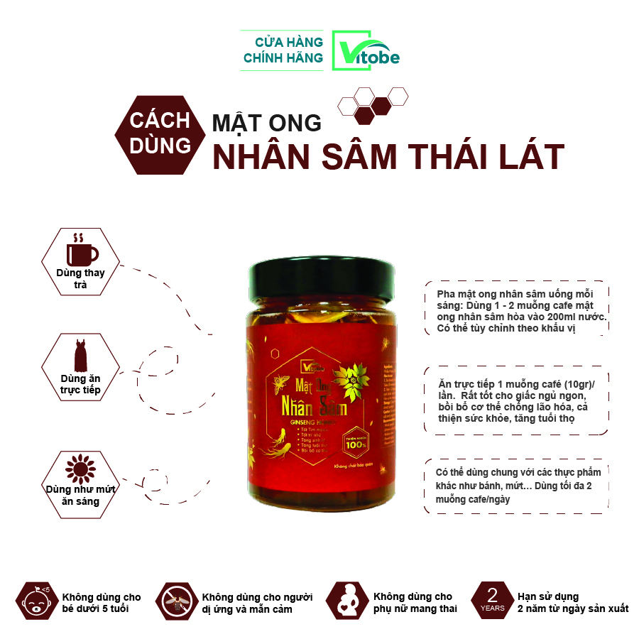 Mật Ong Nhân Sâm Vitobe (Sâm Lát) (300gr) - Hữu cơ 100%