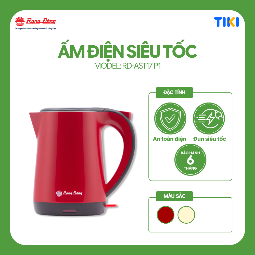 Ấm điện siêu tốc 1,7 lít chính hãng Rạng Đông model RD-AST17P1 màu ngẫu nhiên