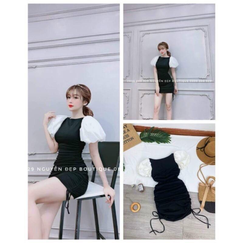 Đầm umi phối voan tay phồng rút dây 2 bên xinh lung linh kèm hình thật