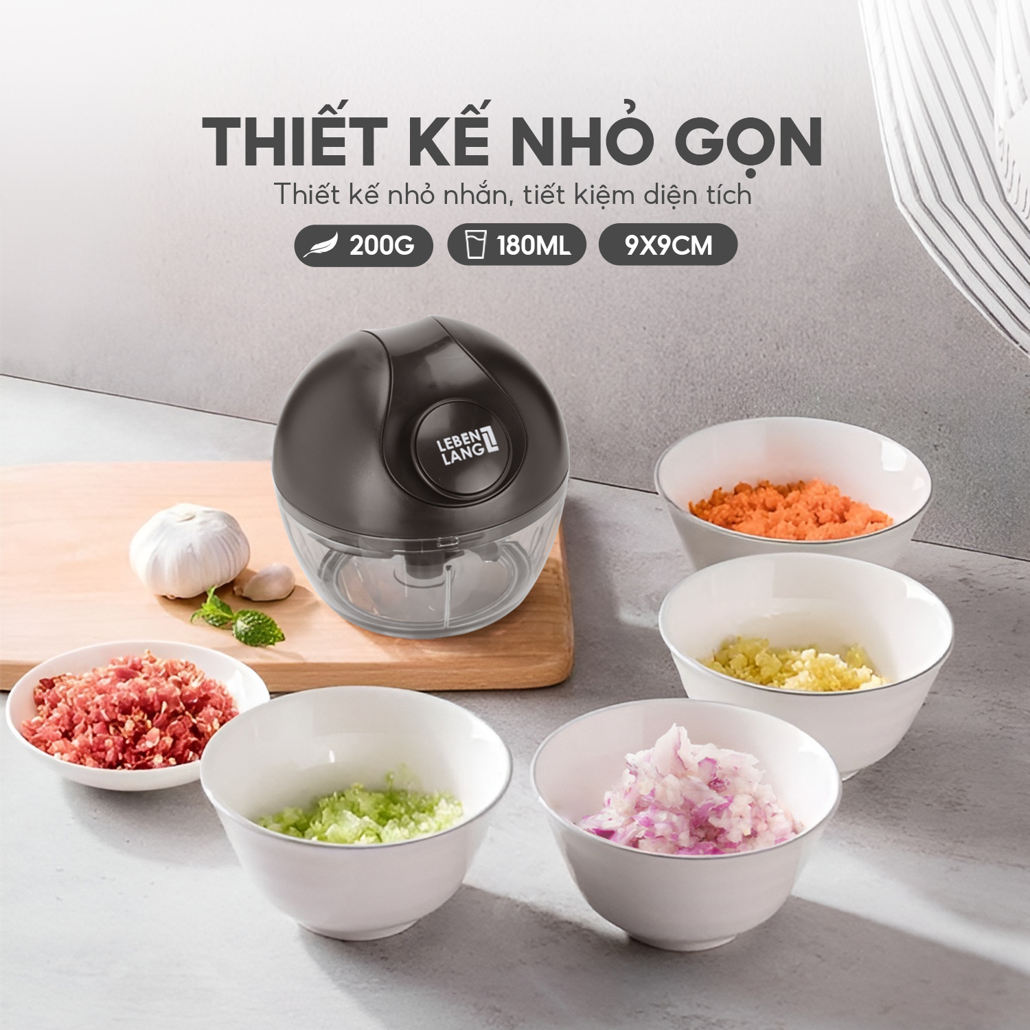 Dụng cụ xay tỏi ớt, thực phẩm Lebenlang LBL3999 dung tích 180ml nhỏ gọn, dây kéo rút tiện lợi - hàng chính hãng