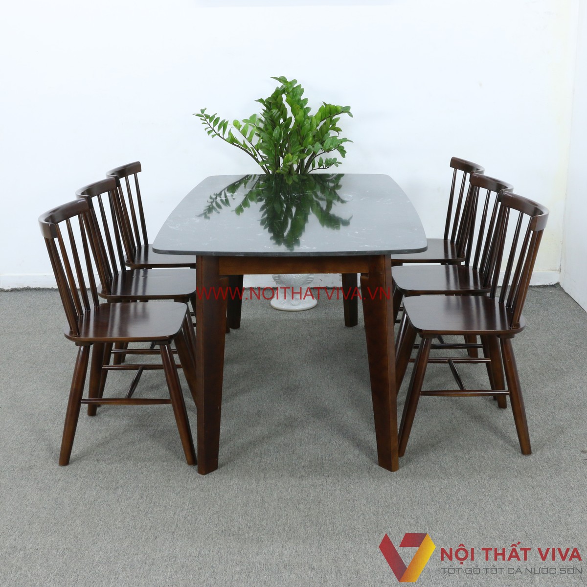 Bộ Bàn Ăn Mặt Đá 6 Ghế Giá Rẻ Gỗ Cao Su Chân Vát Đẹp Hiện Đại