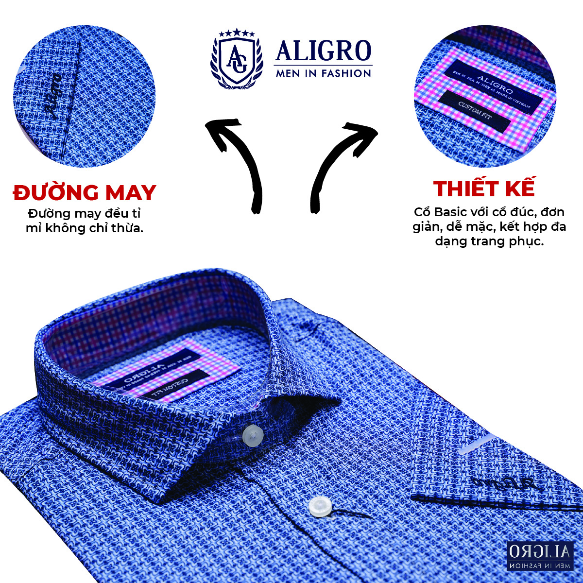 Áo sơ mi cộc tay nam Aligro form customfit màu xanh hoa  ALGS-C88