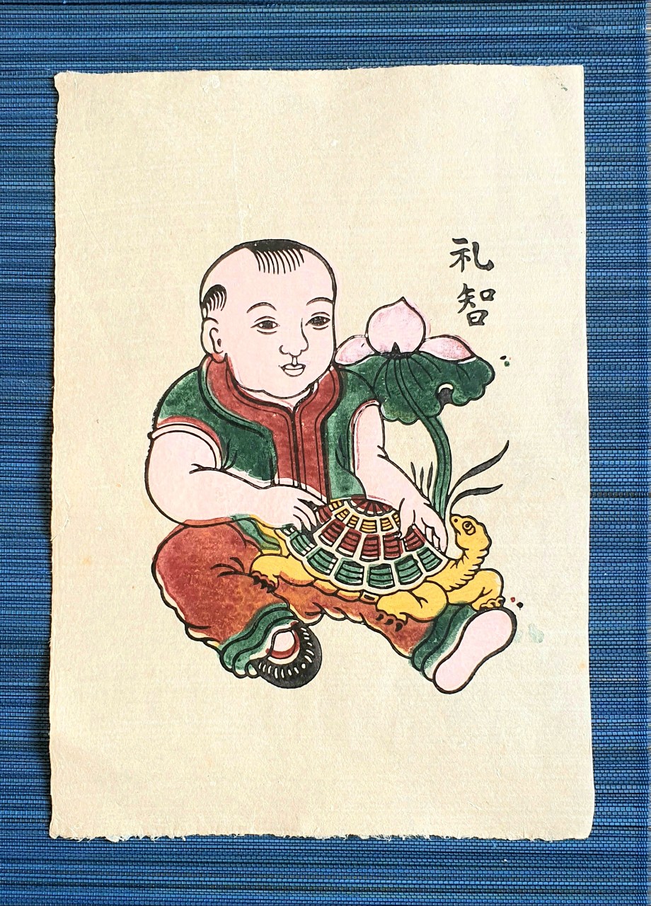 Em bé ôm rùa - Tranh dân gian Đông Hồ - Dong Ho folk woodcut painting