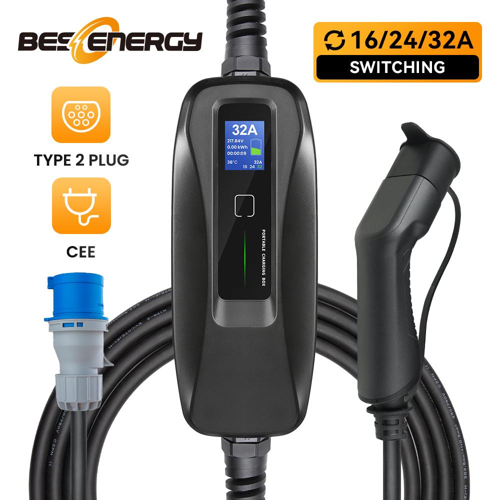 Bộ sạc xe điện EV Bộ sạc 2 Bộ sạc 7kW Công tắc hiện tại 16/24/32A Hộp sạc di động CEE PLUP 220V IEC 62196-2 6M