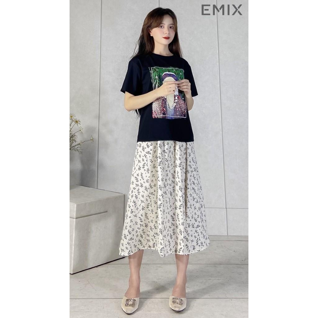 Chân váy nữ hoa nhí hoa đen EMIX, ulzzang, dáng dài, cạp chun, vải lụa mềm co giãn, mềm mát, 1 lớp nhưng không lộ