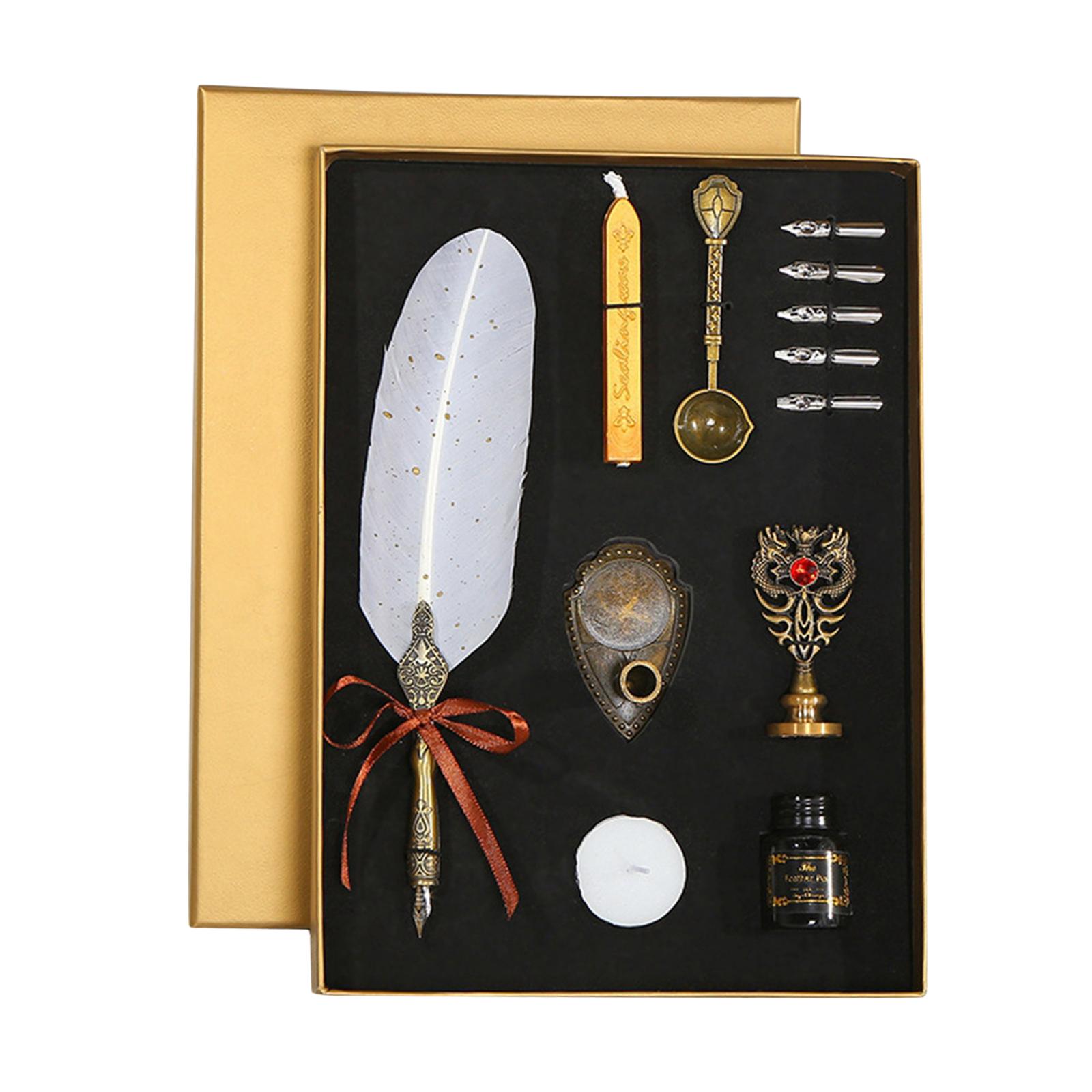 Calligraphy Feather Pen Set Feather Dip Pen Bottle of Ink Anitque White