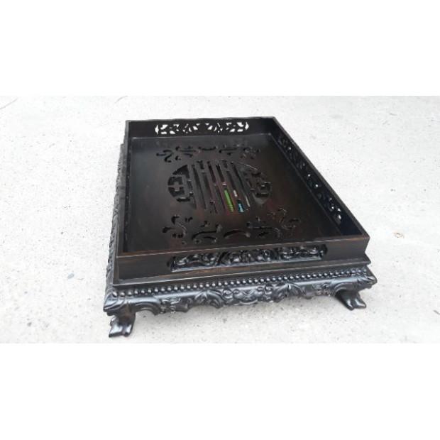 Khay trà chân quỳ trạm rồng gỗ mun hoa