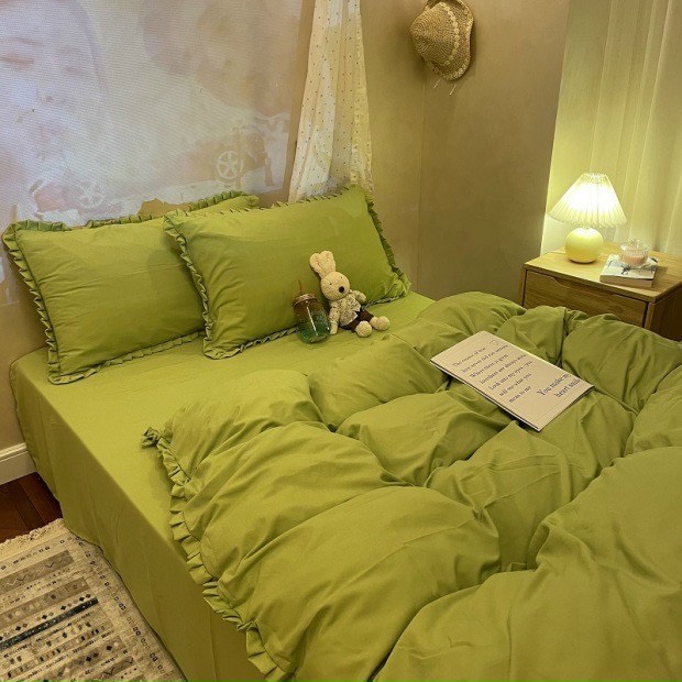 Bộ Chăn Ga Gối Cotton Tici Bèo LIDACO - Xanh Cốm