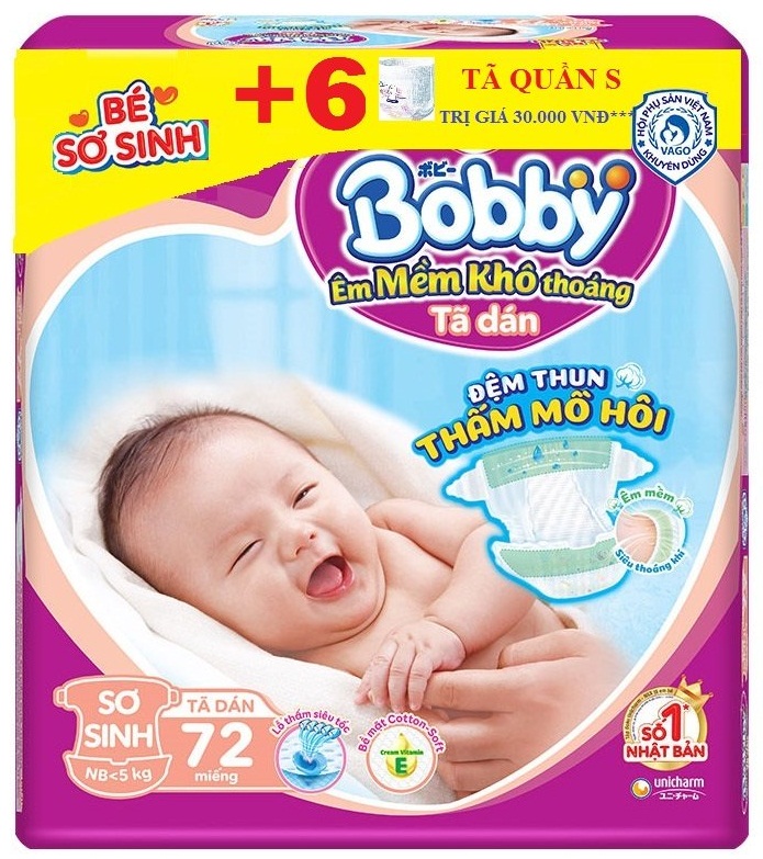 Tã Dán Bobby Sơ Sinh 72 (72 Miếng Size XS) + 6 Miếng Tã Quần Size S