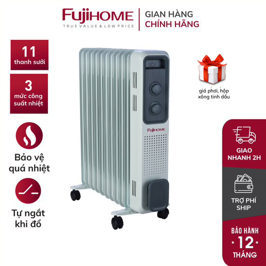 Máy sưởi dầu không khô da Nhật Bản nhập khẩu FUJIHOME OH8411 11 thanh , máy sưởi ấm điện không đốt oxi, tự động ngắt mini - Hàng chính hãng