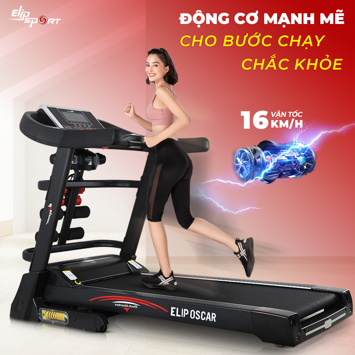 Máy chạy bộ điện ELIP Oscar chính hãng, Công suất 4.0HP, nâng dốc tự động, có đai massage, thanh gập bụng