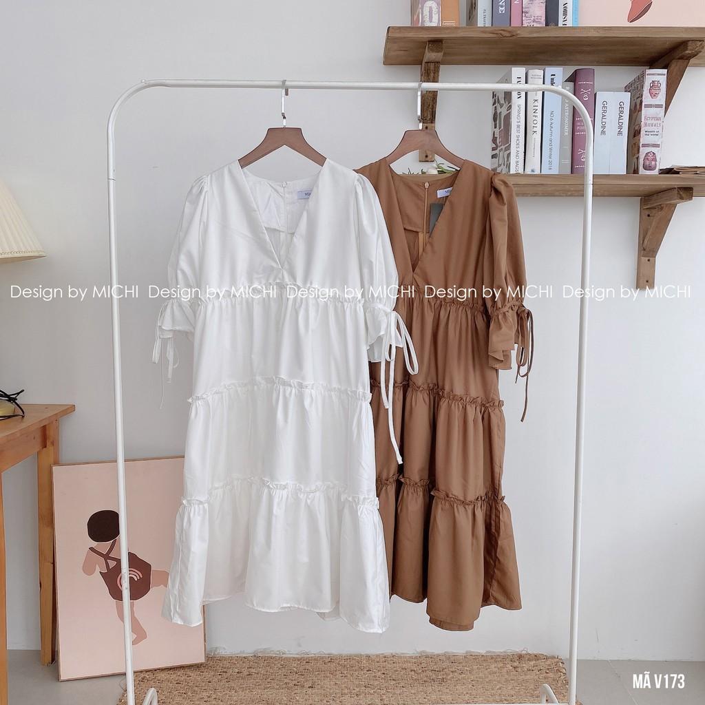 Váy suông dự tiệc babydoll cổ V, dáng xuông xòe dễ thương, freesize, đầm thiết kế tay phồng bo chun - Michi's House