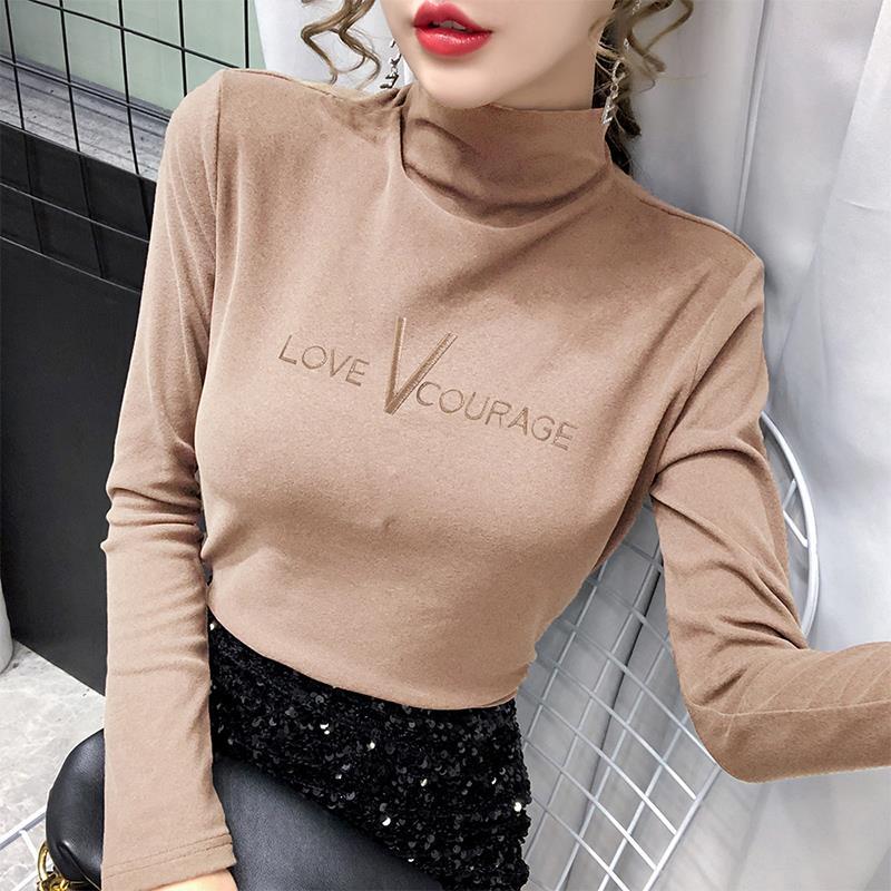 [L2M] Áo LEN TĂM nữ Montoghi cổ cao tay dài thêu LOVE V thanh lịch và cá tính