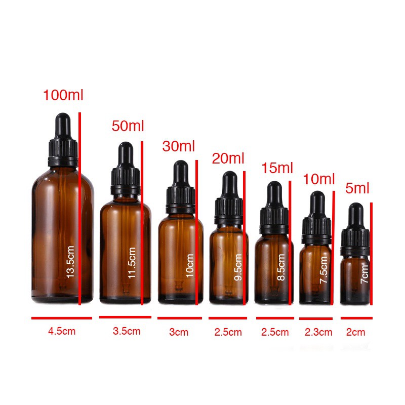 Chai chiết serum tinh dầu NÂU ĐEN đầu bóp đầy đủ kích thước