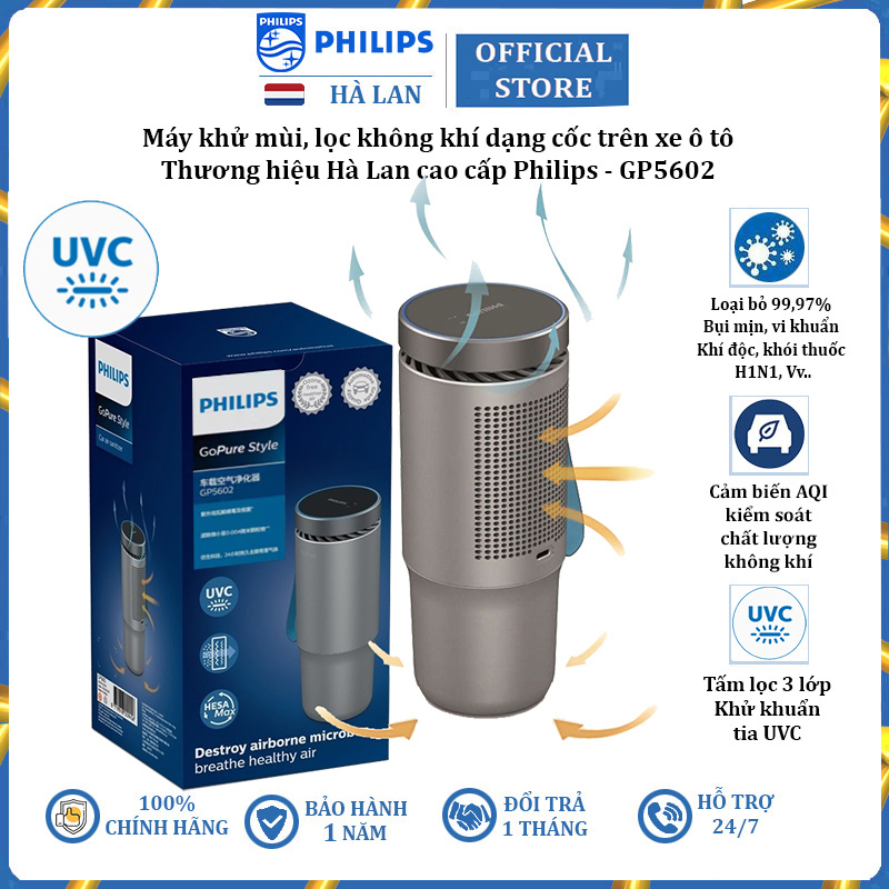 Máy khử mùi, lọc không khí dạng cốc trên xe ô tô thương hiệu Philips GP5602 sử dụng chip G-Sensor - Hàng nhập khẩu