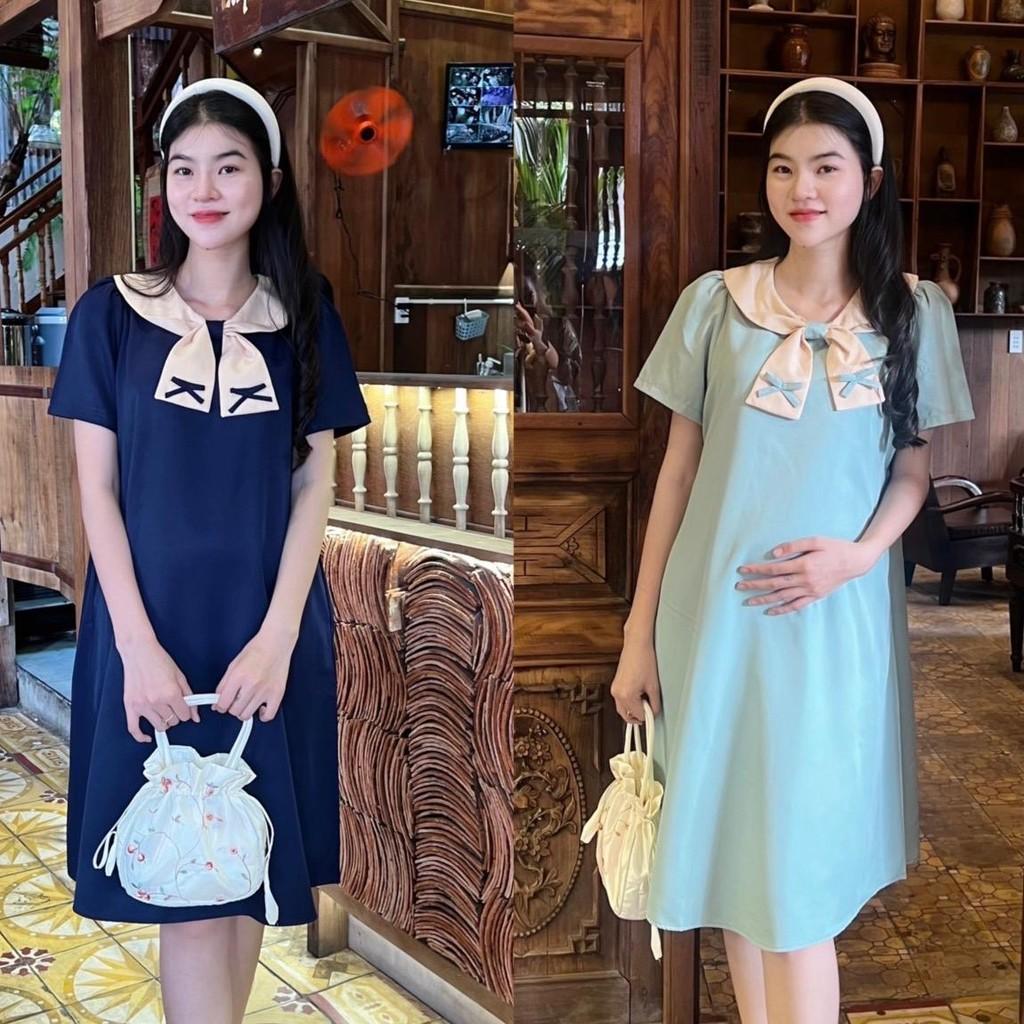 Đầm bầu cotton lạnh phối cổ thắt nơ phom suông gọn dáng, thanh lịch, dễ thương - Xanh đen