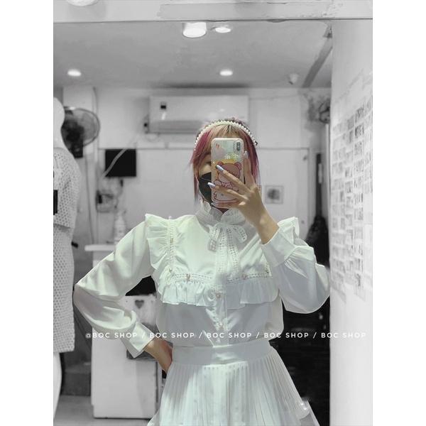 Áo sơ mi nữ kiểu ulzzang tiểu thư cổ nơ tay dài, màu trắng sang chảnh chất vải đẹp