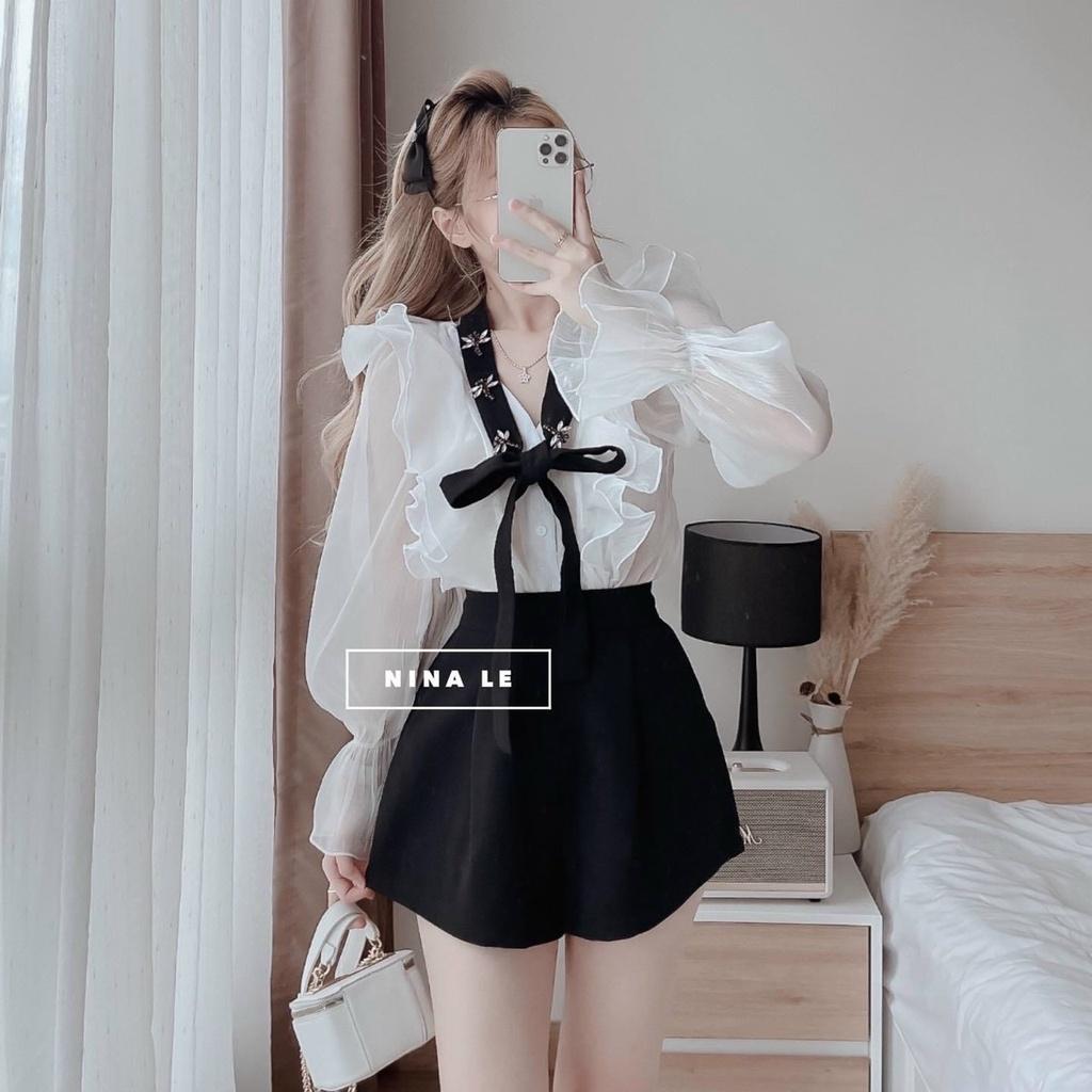 Set bộ đồ nữ áo tay dài bèo mix quần ống rộng kèm phụ kiện dây nơ đính ong họa tiết lạ mắt, xinh xắn cho các tình yêu
