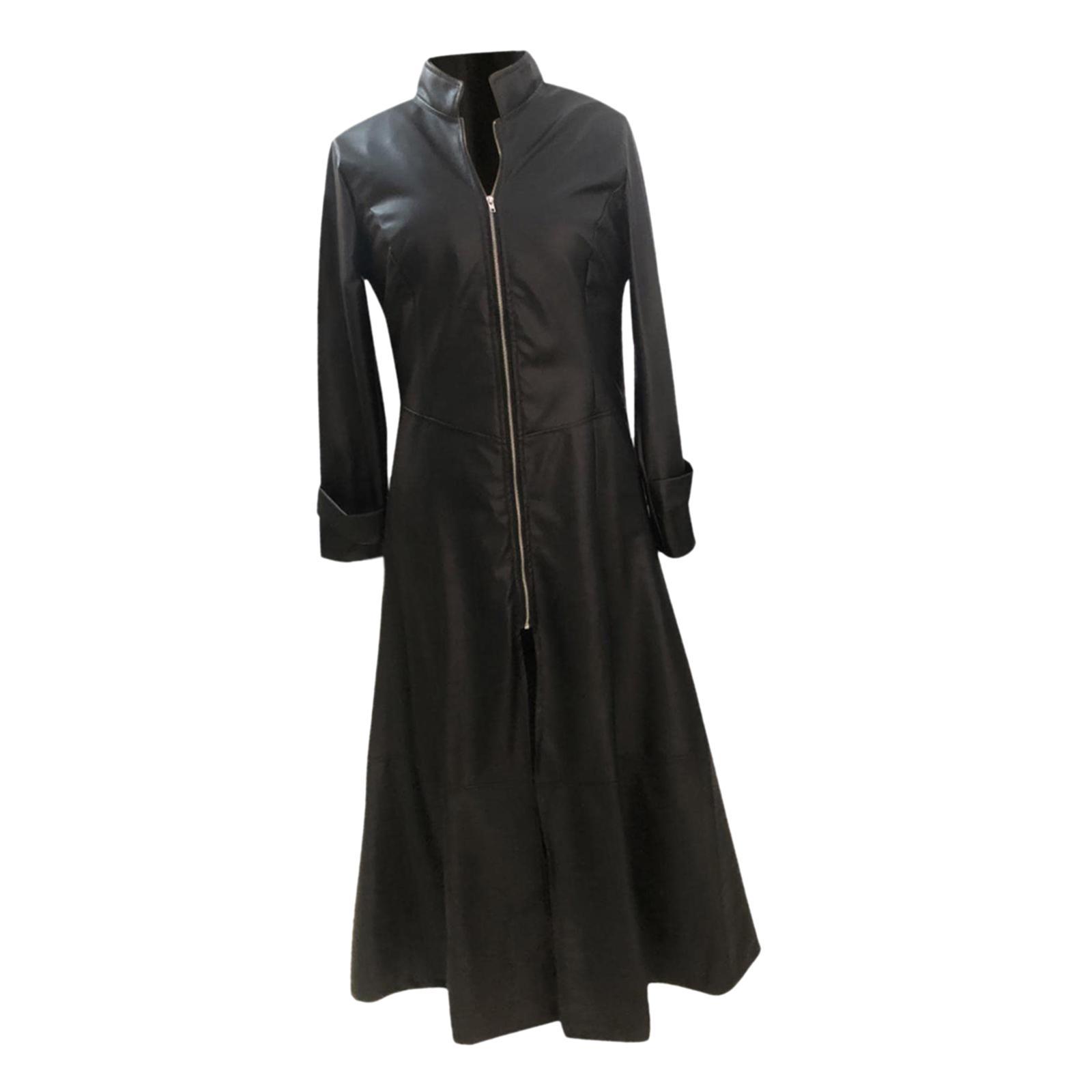 Long coat dress jacket women winter pu leather S Black