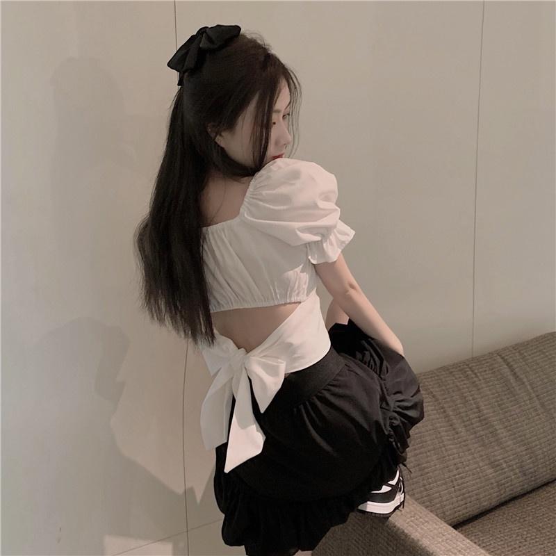 Áo kiểu cho nữ Sexy tay phồng ngắn xẻ , cổ chữ U trễ vai phong cách Hàn Quốc đáng yêu