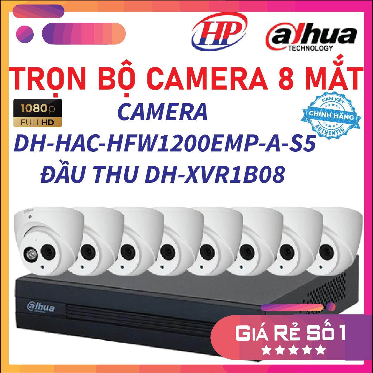 Trọn bộ 08 Camera HDCVI 2MP DAHUA DH-HAC-HDW1200EMP-A-S5 - Đầu thu 4 cổng DH-XVR1B08 đầy đủ phụ kiện, Hàng chính hãng