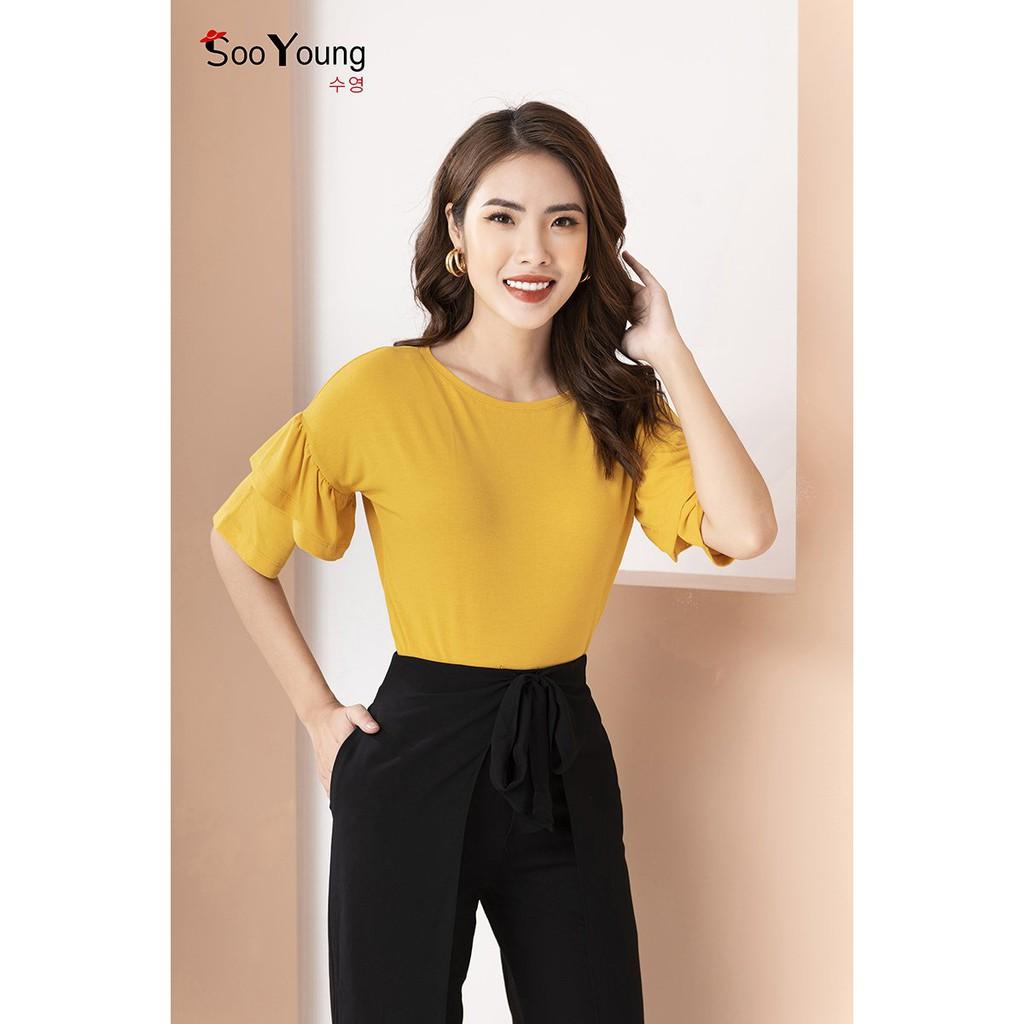 Áo thun vàng cổ thuyền tay lỡ bèo rúm -Sooyoung