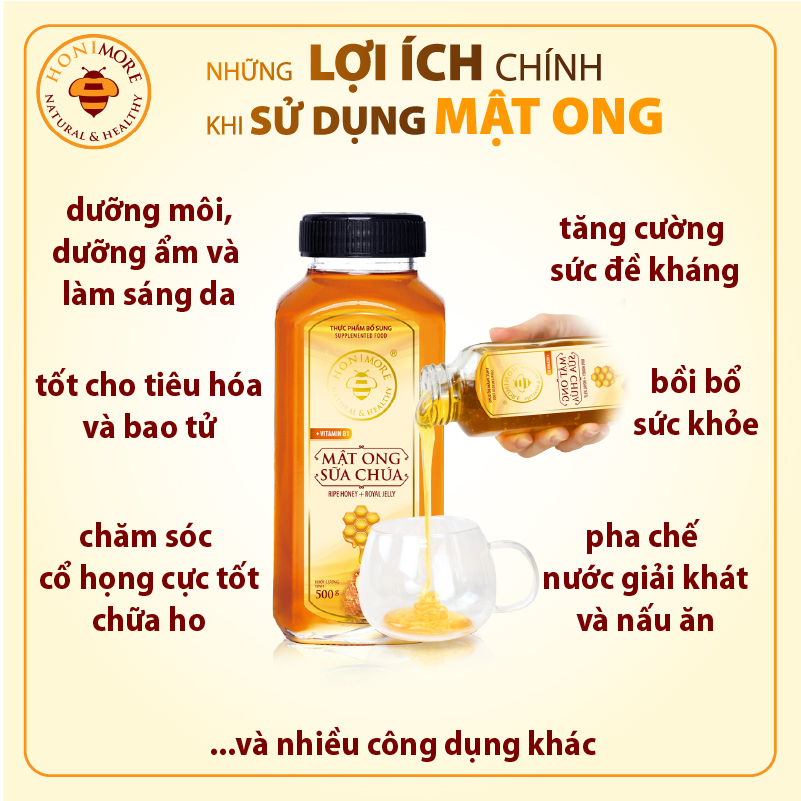 Combo Mật ong rừng sữa ong chúa Honimore 500g và mật ong rừng nguyên chất Honimore 360g - Giúp đẹp da, tăng cường sức đề kháng