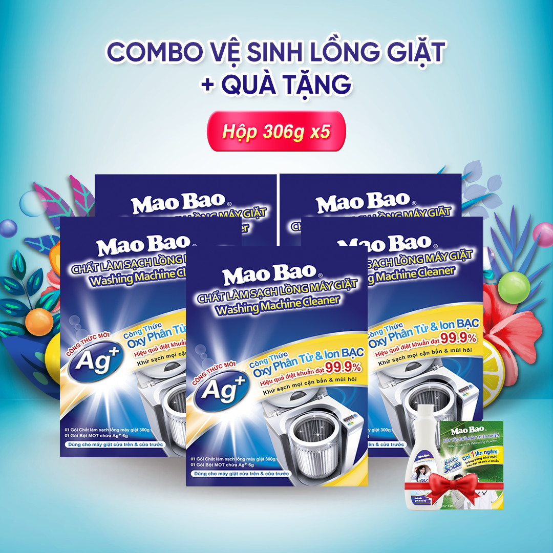 Combo 05 Hộp Chất Làm Sạch Lồng Máy Giặt Mao Bao (306g / Hộp) - Tặng 1 Hộp Bột Tẩy Quần Áo 12gx2 + 1 Chai Nước Giặt Cao Cấp 86g