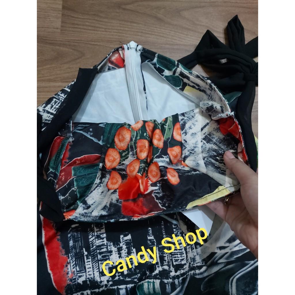 Đầm xòe họa tiết 2 dây cột nơ siêu hot kèm mút + Ảnh thật