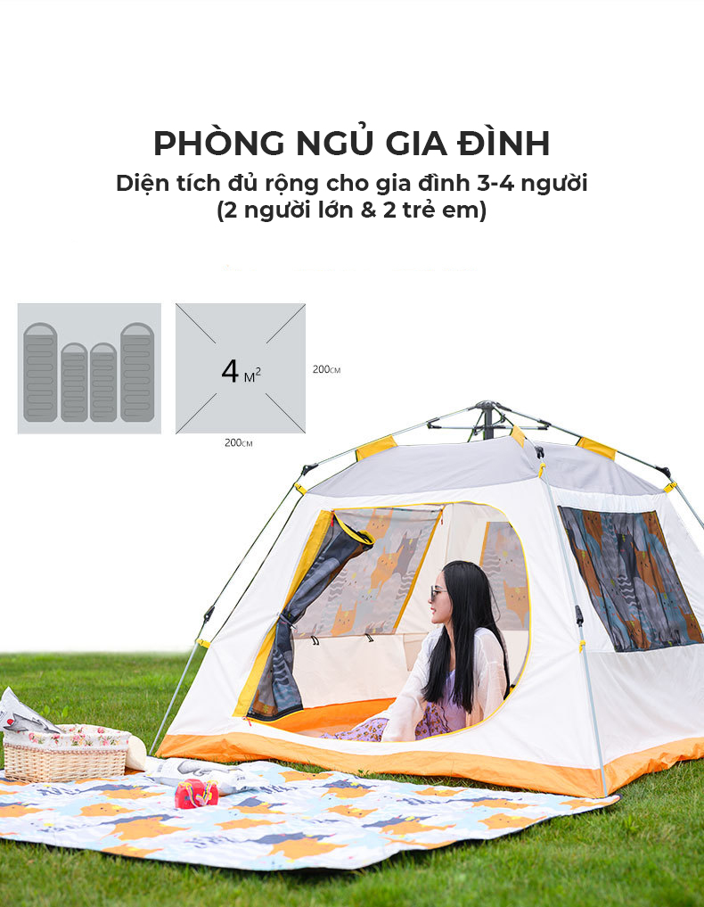 Lều cắm trại gia đình 3-4 người in hình chó mèo CLS - LCT001 - Chống nước, chống côn trùng, 3 cửa sổ thoáng mát