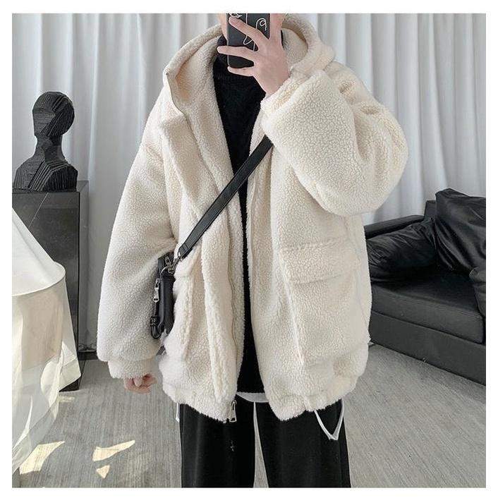 Áo Khoác Lông Unisex Logo Ngực Khóa Kéo Có Mũ