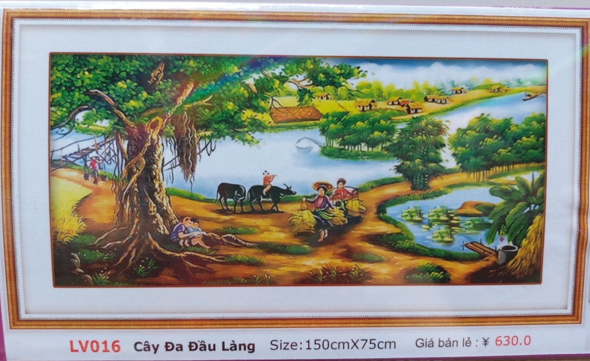 Tranh đính đá phong cảnh làng quê cây đa đầu làng - tranh phù hợp treo phòng khách phòng làm việc - loại tranh mua về tự đính