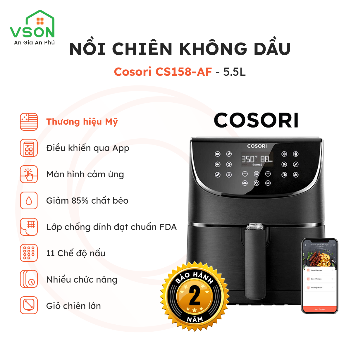 Nồi Chiên Không Dầu Thương Hiệu Mỹ COSORI CS158-AF 5.5L - Có kết nối Wifi - Hàng Chính Hãng