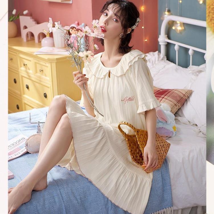Đầm ngủ tiểu thư dáng suông cổ bèo mềm mát B46 - Váy mặc nhà dễ thương