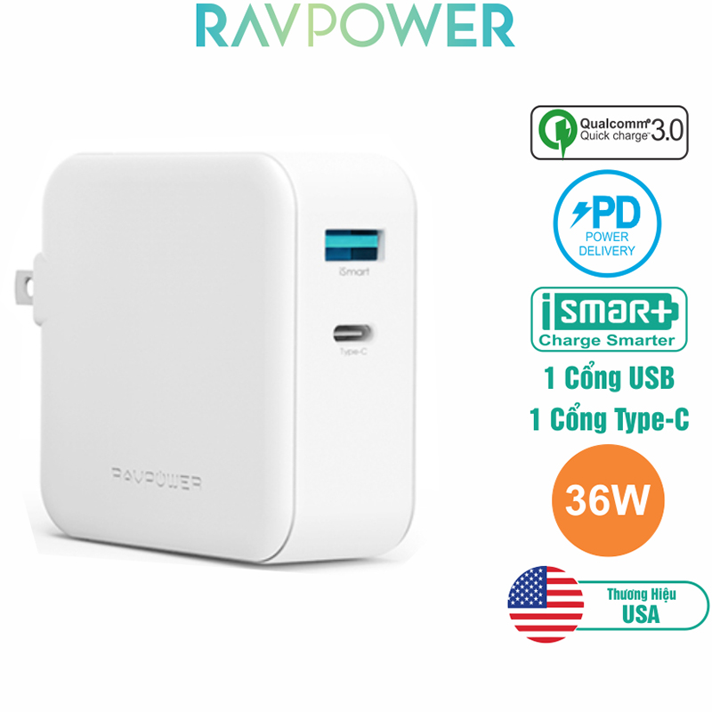 Adapter Sạc USB Type-C Cho Macbook RAVPower 36W  RP-PC080 - Hàng Chính Hãng