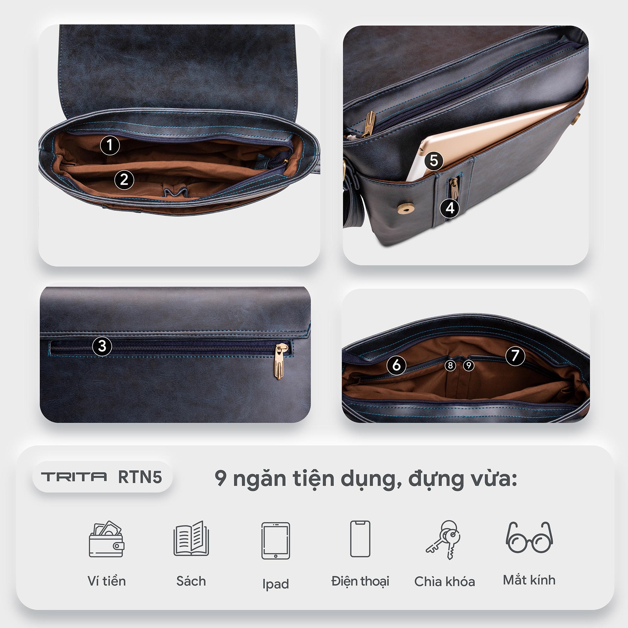 Túi Trita ( Thời trang nam phối ngăn - Túi đeo chéo da RTN5 )